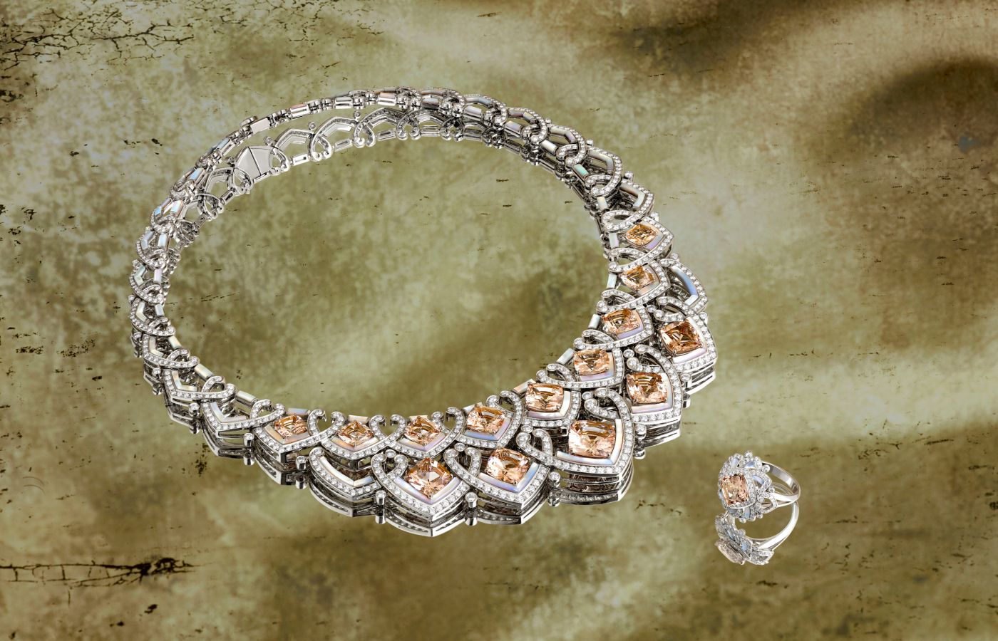  Garrard Desert Rose necklace and ring in white gold, morganite, diamond and white mother-of-pearl from the Couture High Jewellery collection