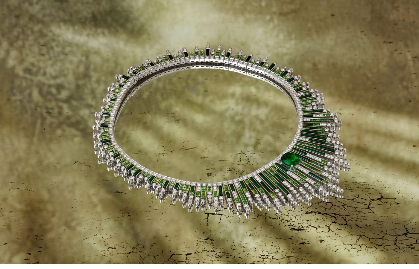 Garrard Amazonia necklace in white gold, emerald, diamond, tsavorite and malachite from the Couture High Jewellery collection