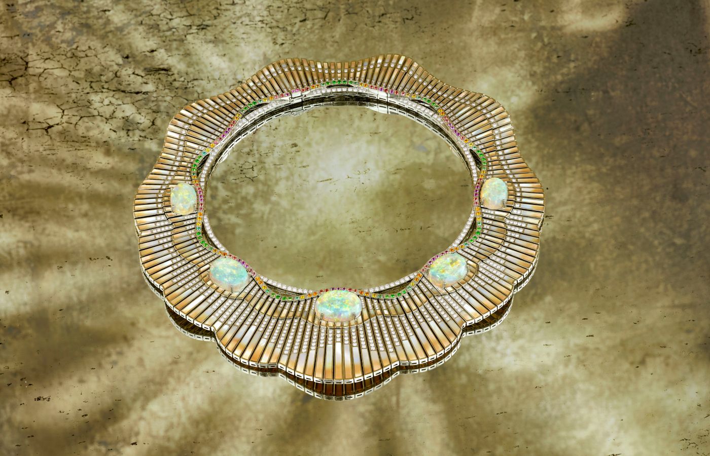  Garrard Northern Lights necklace in white gold, opal, diamond, multi-coloured sapphire, green tourmaline, tsavorite and mother-of-pearl from the Couture High Jewellery collection