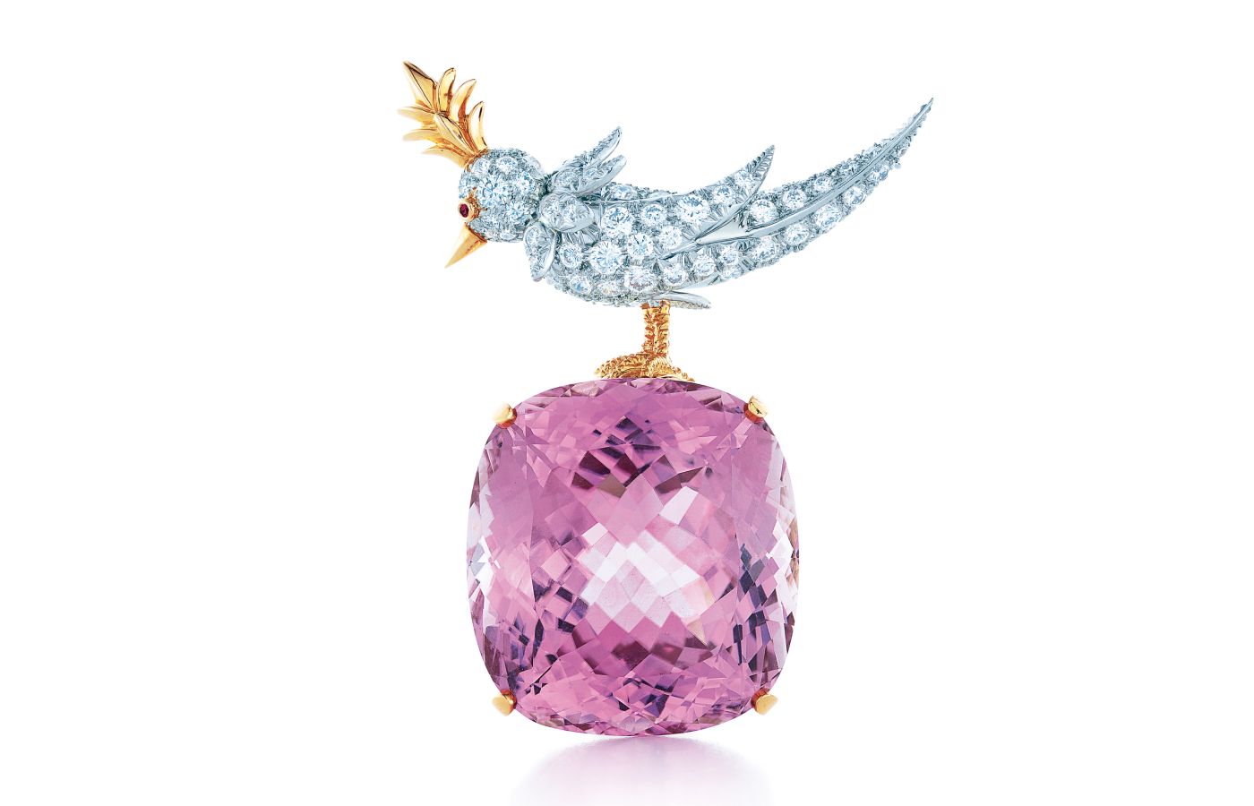 Jean Schlumberger Bird on a Rock brooch in gold, platinum, featuring a cushion-shaped kunzite and diamonds 