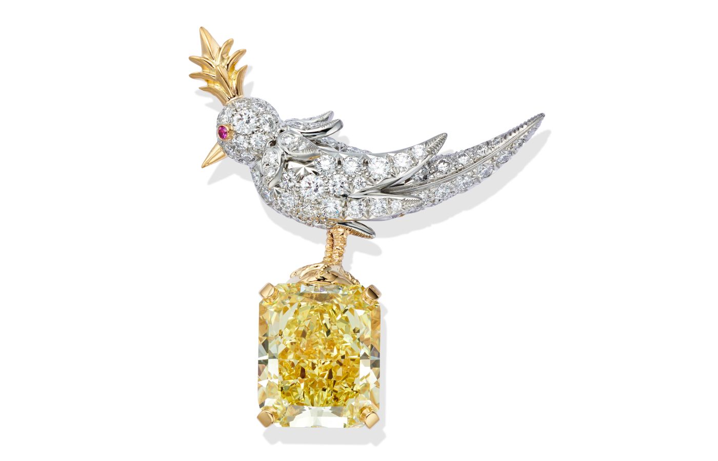  Jean Schlumberger Bird on a Rock brooch in gold, platinum, featuring a yellow diamond and diamonds 