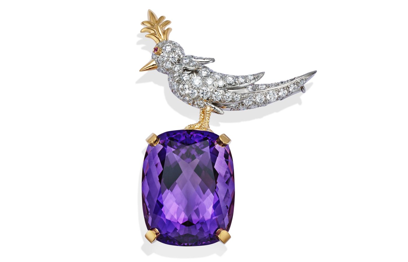  Jean Schlumberger Bird on a Rock brooch in gold, platinum, featuring a purple gemstone and diamonds 