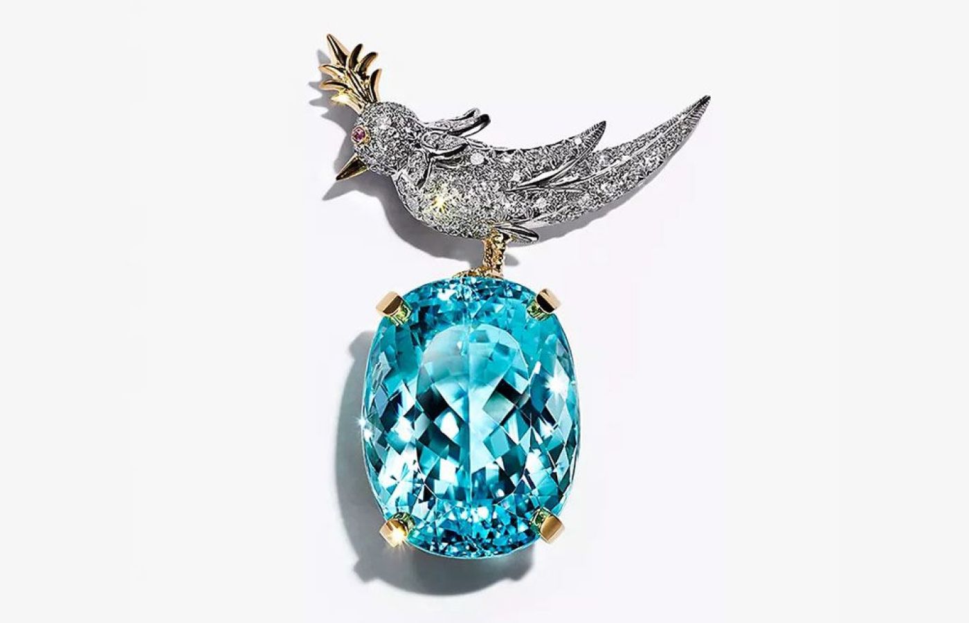  Jean Schlumberger Bird on a Rock brooch in gold, platinum, featuring an aquamarine and diamonds 