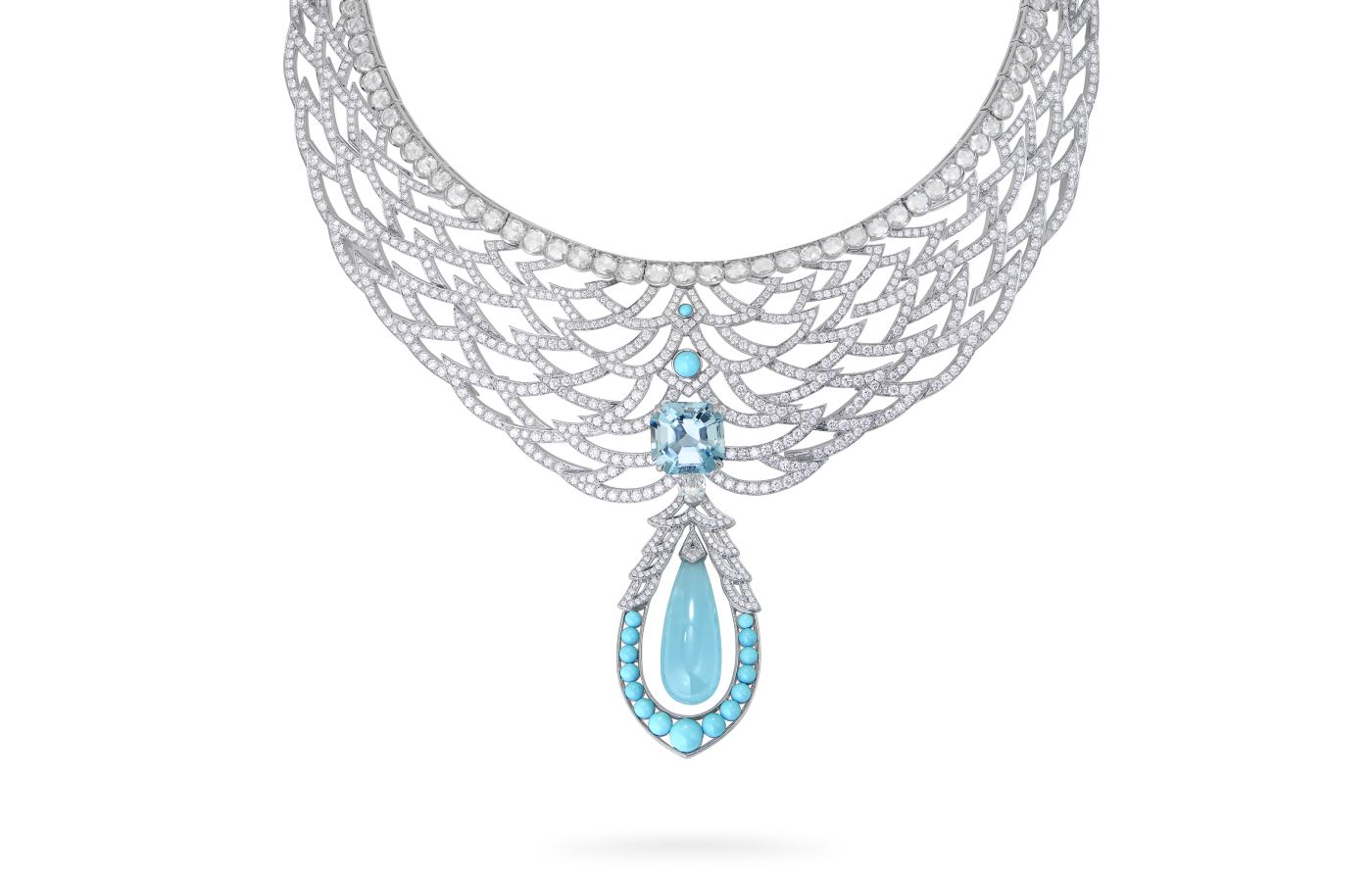 Garrard Mustique necklace in white gold, aquamarine, diamond and turquoise from the Couture High Jewellery collection