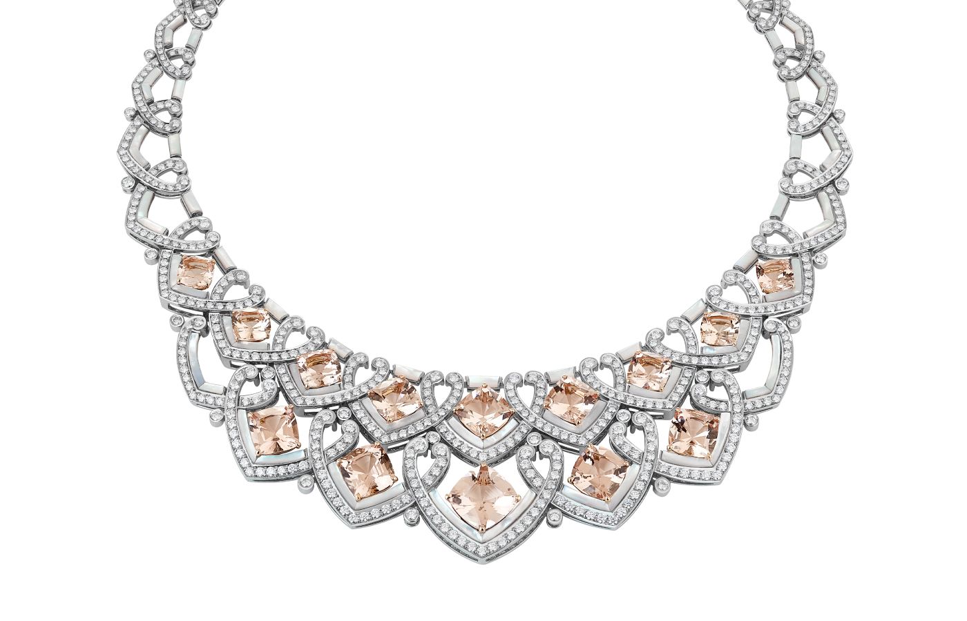 Garrard Desert Rose necklace in white gold, morganite, diamond and white mother-of-pearl from the Couture High Jewellery collection