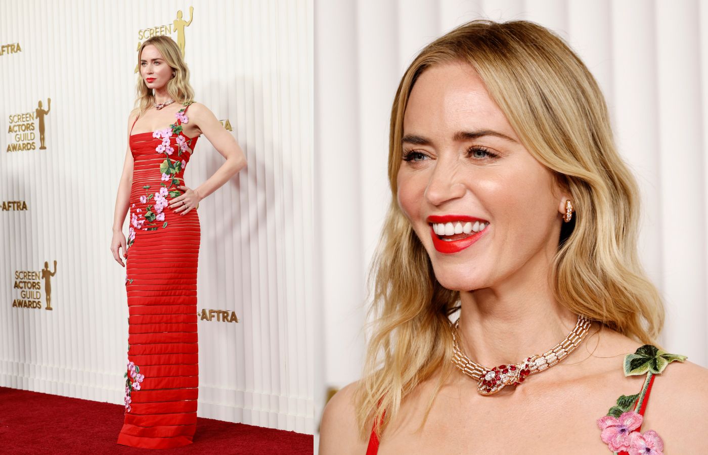 Emily Blunt wears a Bulgari Serpenti High Jewellery necklace with an oval-shaped diamond, rubies, and further diamonds in 18k rose gold at the SAG Awards 2023