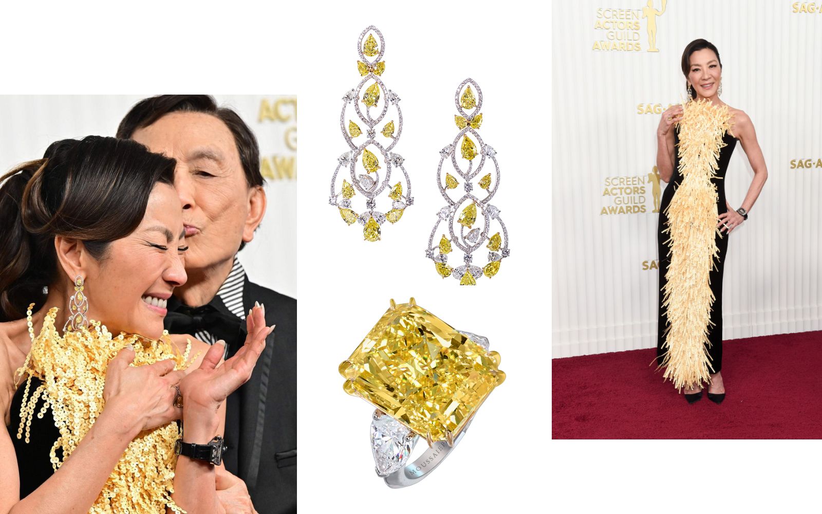 Michelle Yeoh wore a Richard Mille watch and a pair of earrings and ring by Moussaieff at the SAG Awards 2023. The earrings contain 24.70 carats of fancy intense yellow diamonds and 11.08 carats of white diamonds