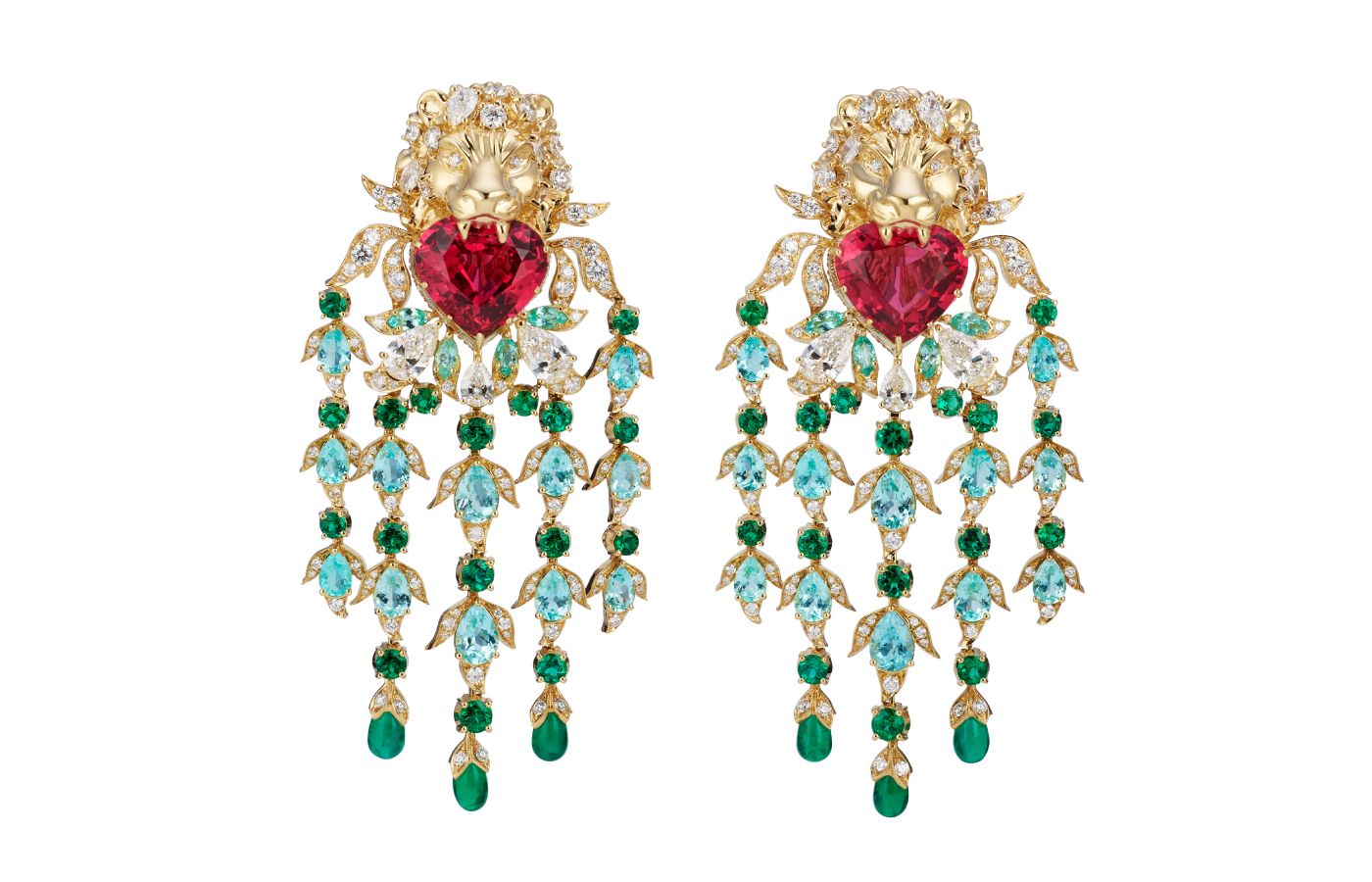  Gucci Hortus Deliciarum High Jewellery earrings with a lion’s head motif and heart-shaped rubellites, worn by Jessica Chastain at the SAG Awards 2023