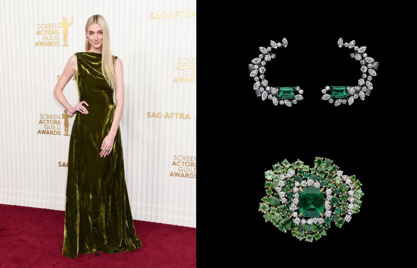  Elizabeth Debicki wore a pair of Galons Dior ear climbers with emeralds and diamonds and a matching ring from the Tie & Dior collection at the SAG Awards 2023