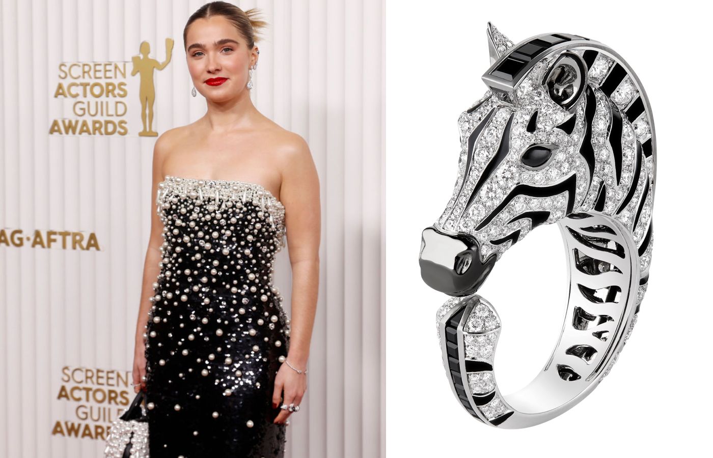  Haley Lu Richardson wore a suite of diamond jewels by Boucheron to the SAG Awards 2023, including this zebra-inspired cocktail ring 