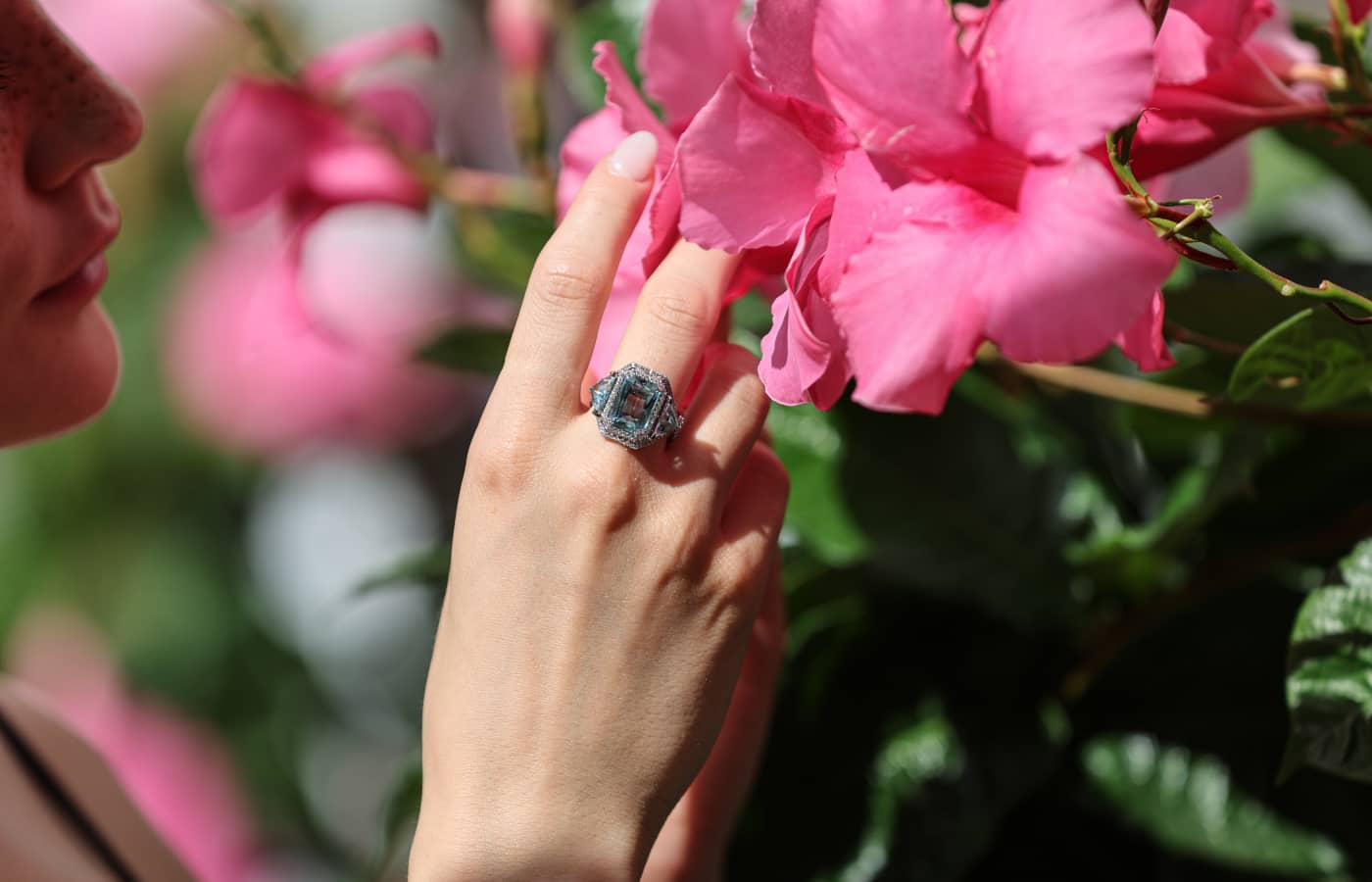  Model wearing Nathalie Knauf ring in white gold, aquamarine and diamond