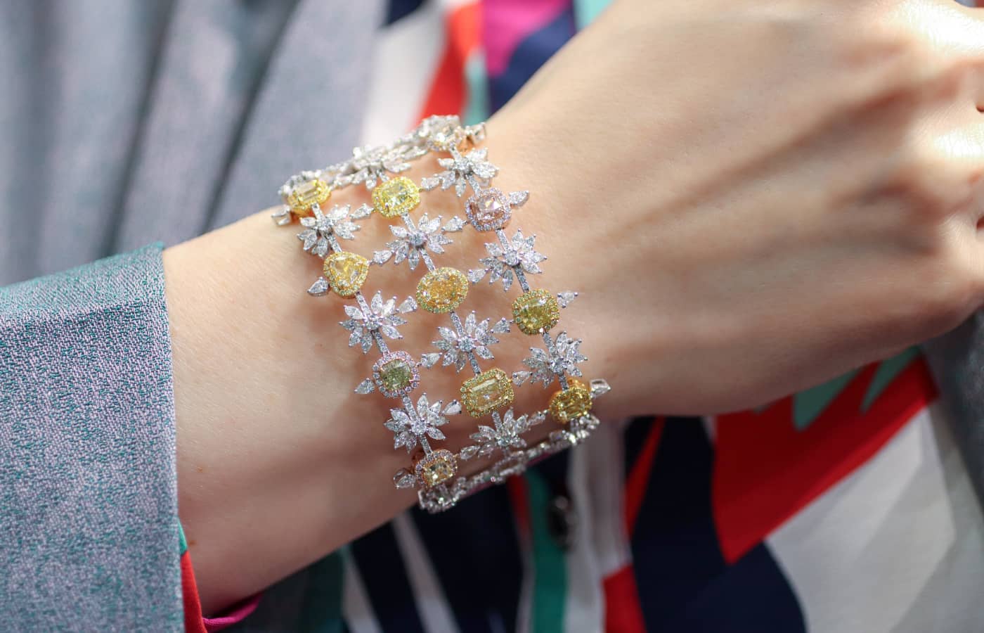 Katerina Perez wearing Anan Jewels multicoloured diamond bracelet