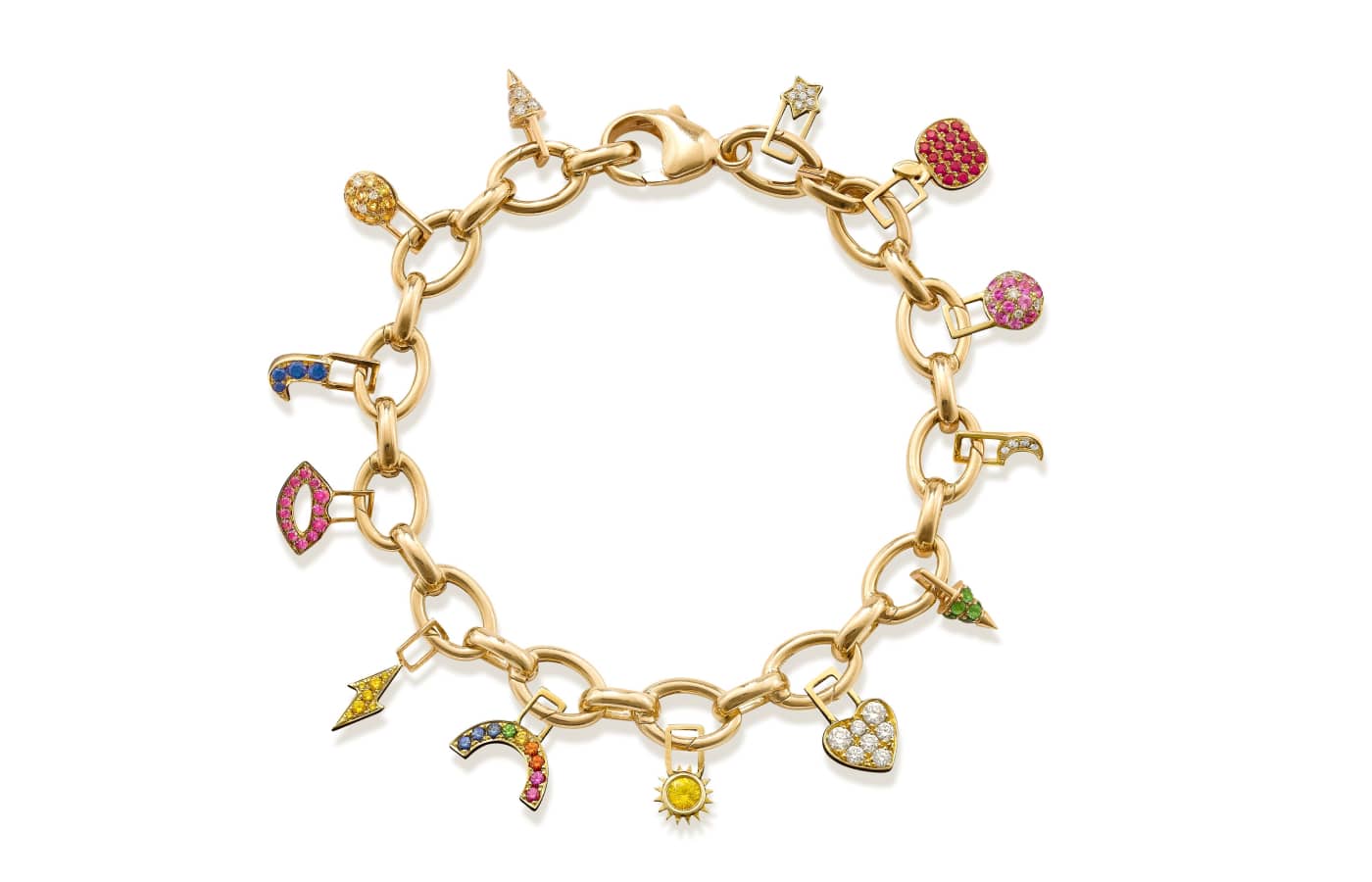  Robinson Pelham charms bracelet in gold, coloured gemstones and diamonds