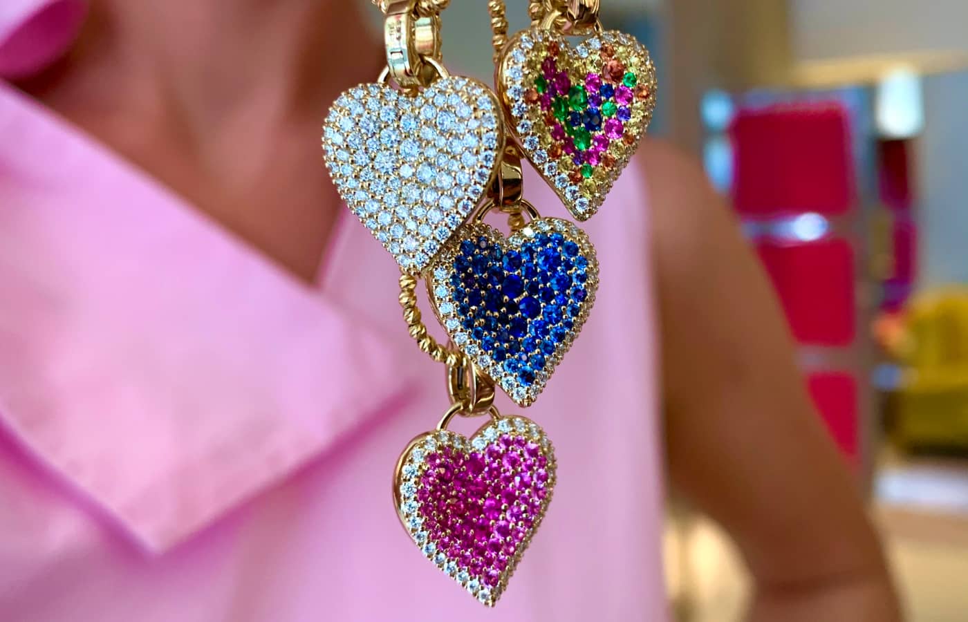  Emma Fortune Heart pendants in gold, coloured gemstones and diamonds