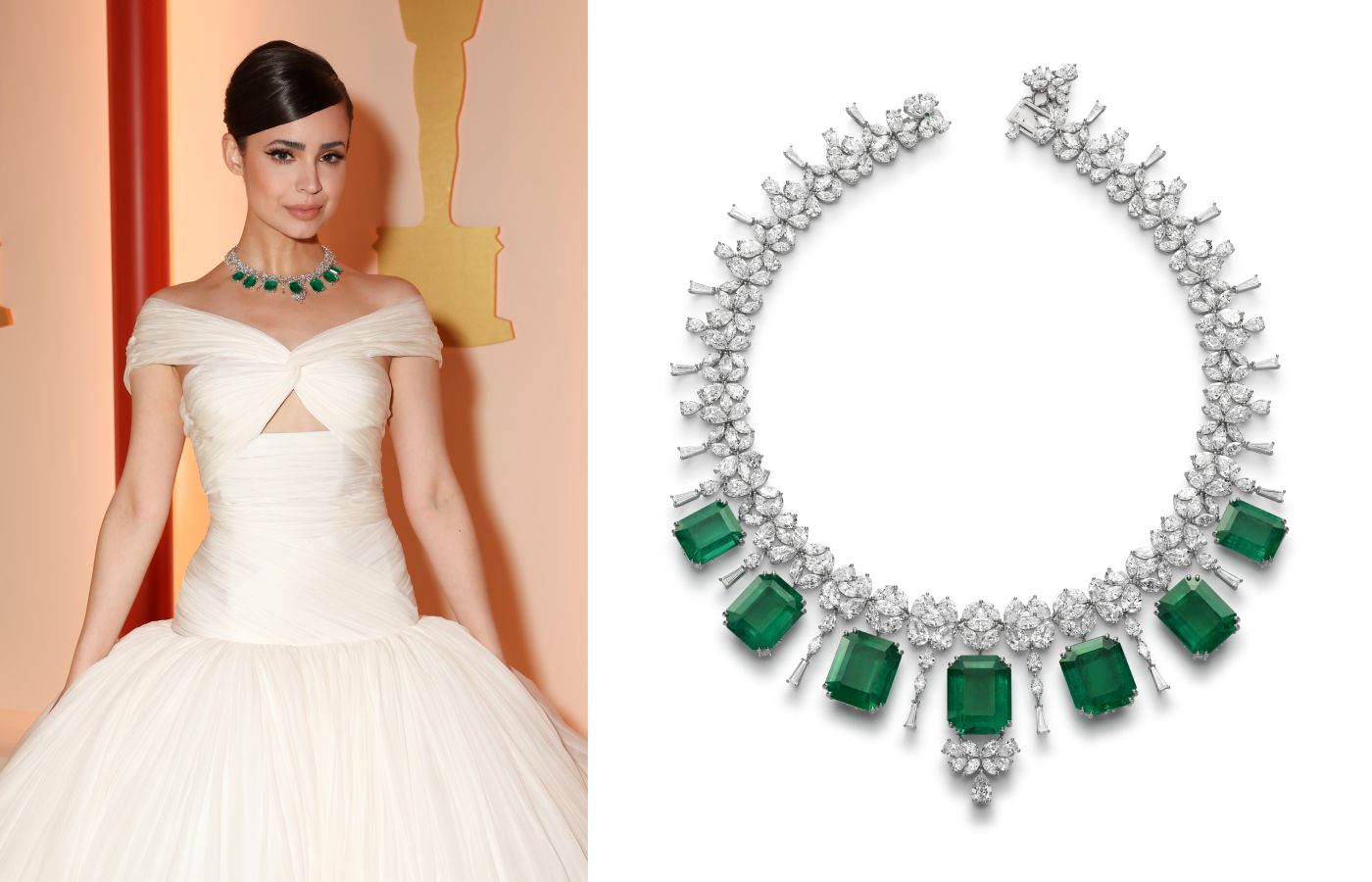  Sophia Carson at the 2023 Academy Awards in a Chopard necklace featuring 122 carats of emeralds and 92 carats of diamonds 