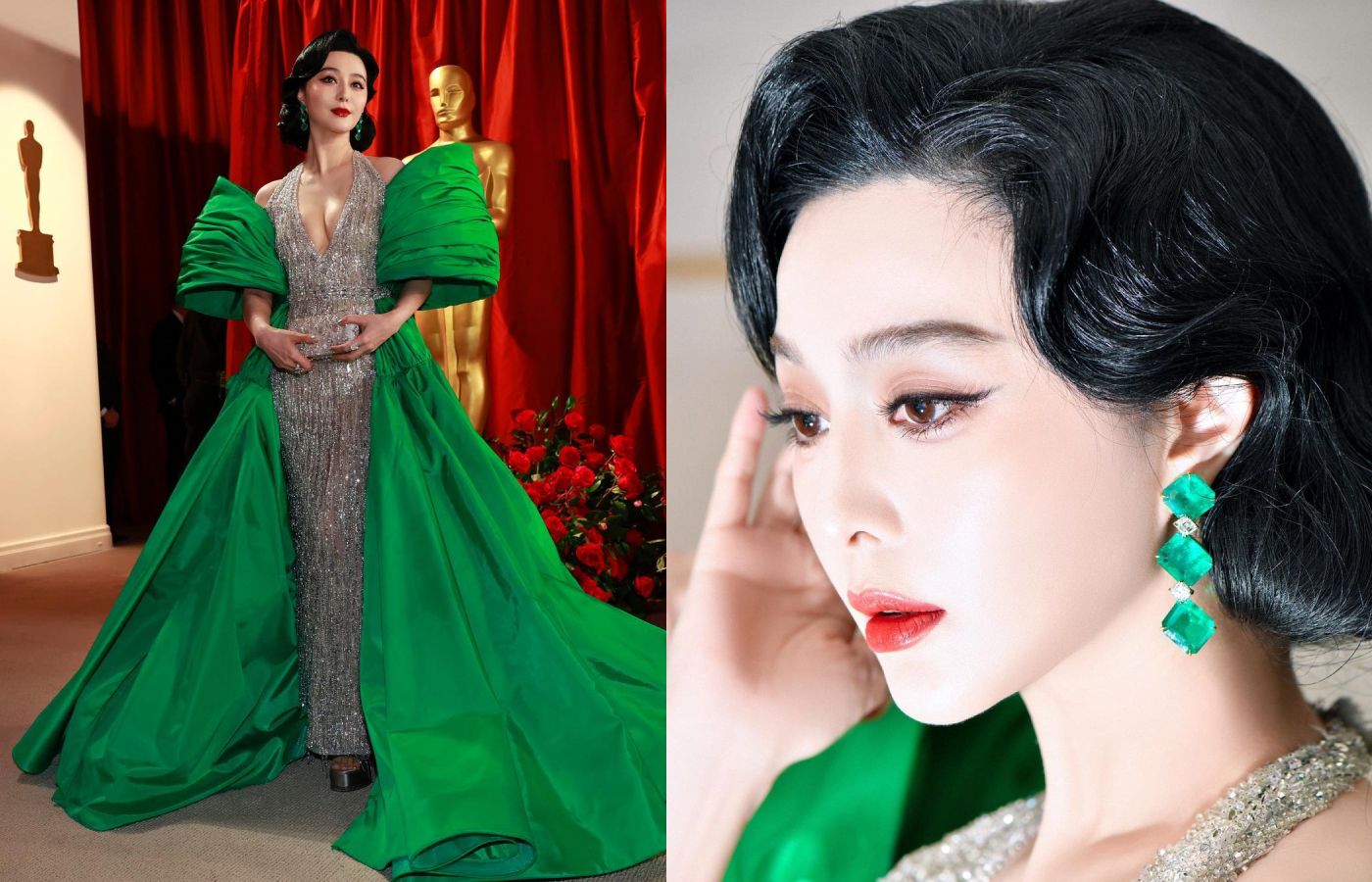  Fan Bingbing wears Lorraine Schwartz jewels, including a pair of 85-carat emerald and diamond earrings and a matching 20-carat ring to the 2023 Academy Awards