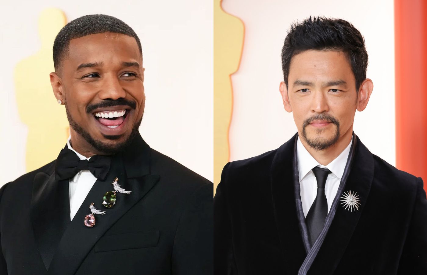 Michael B. Jordan wears Tiffany & Co. Bird on a Rock brooches and John Cho adorns his lapel with a Fred Leighton pin at the Oscars 2023