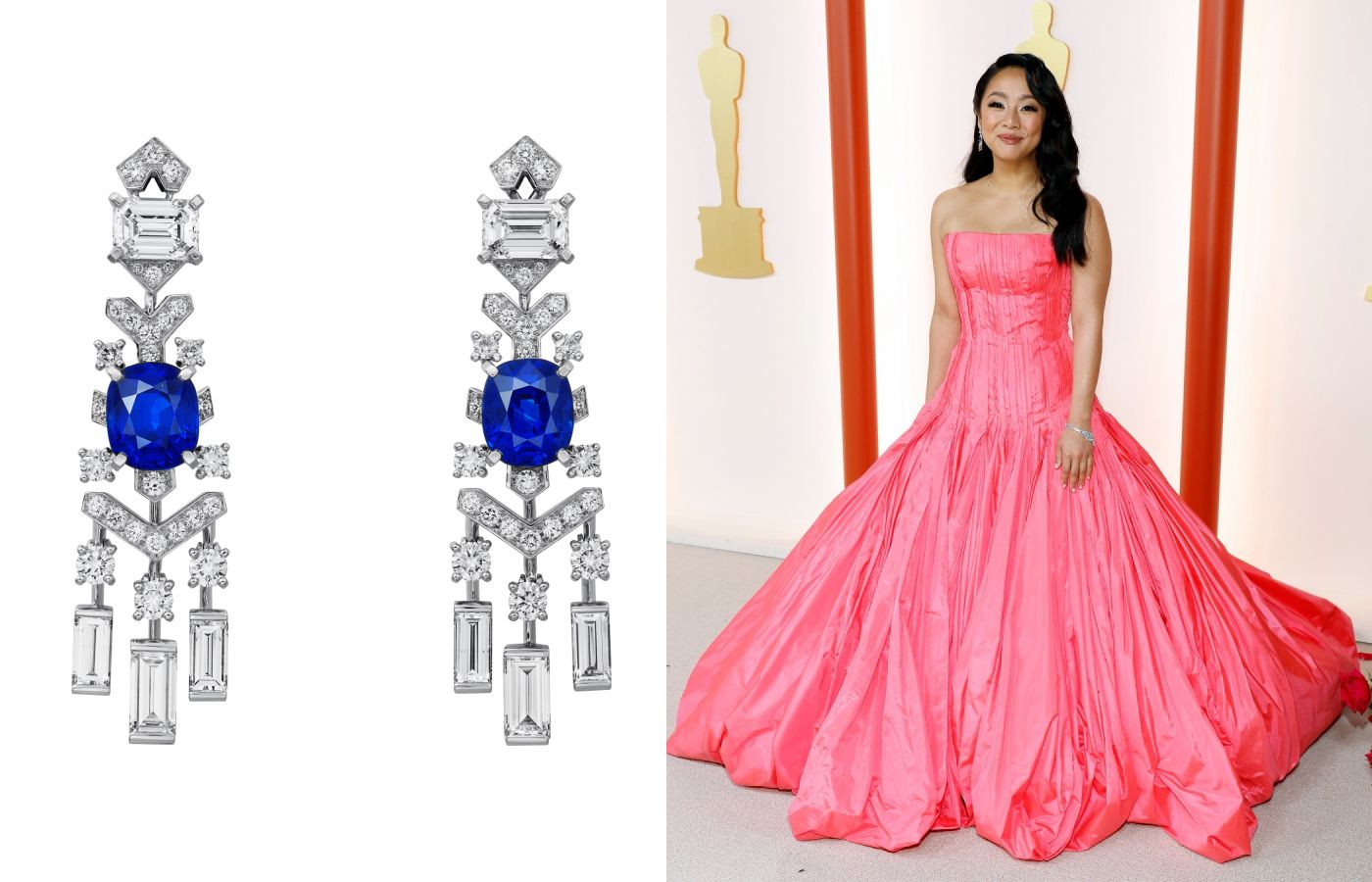  Stephanie Hsu wears Cartier sapphire and diamond earrings for the Oscars 2023