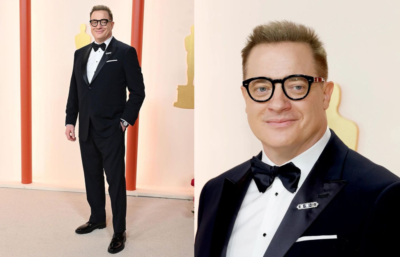  Brendan Fraser wearing a vintage sapphire and diamond brooch from Platt Boutique at the Oscars 2023