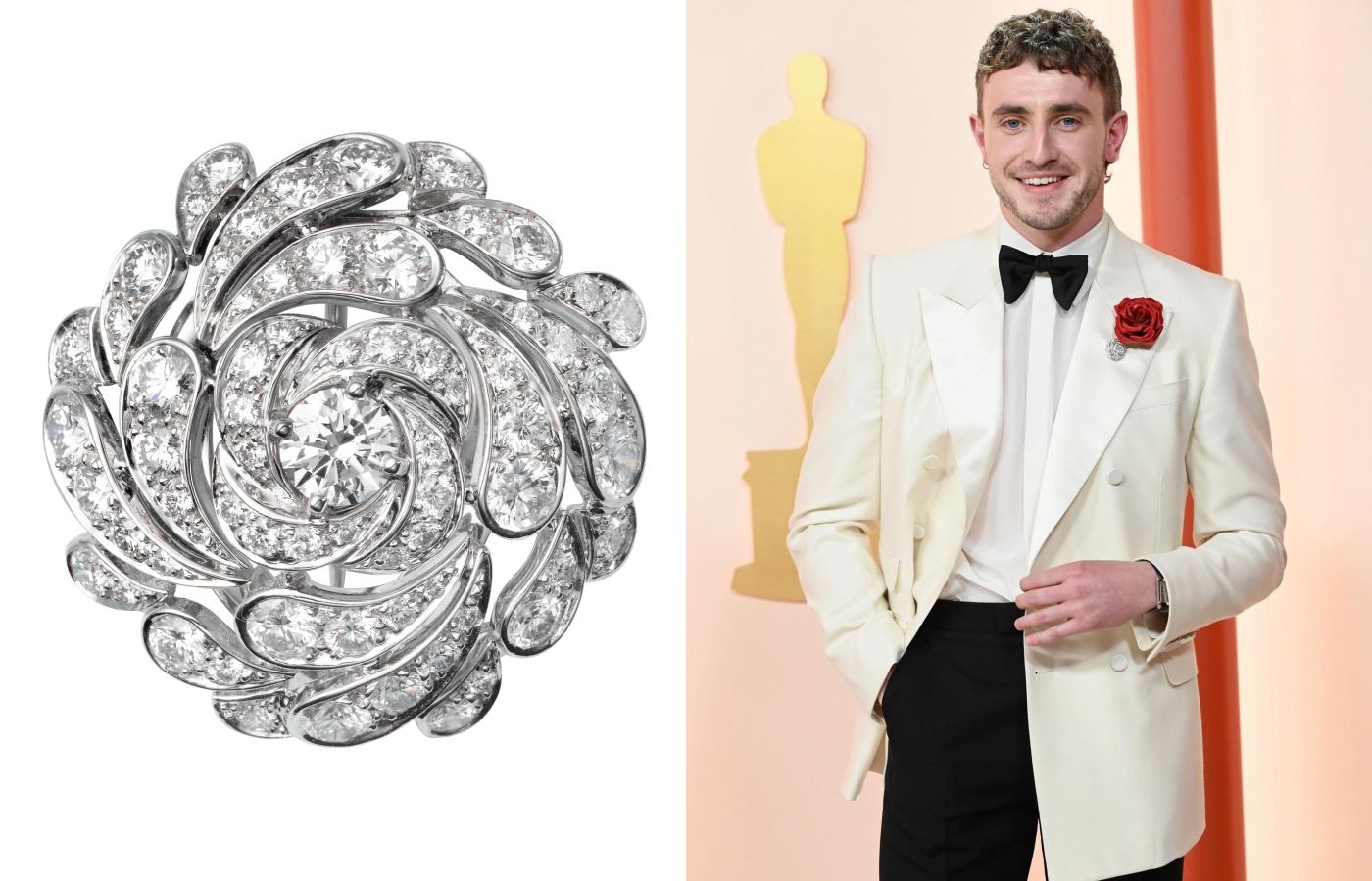  Actor Paul Mescal in a Cartier rose-shaped diamond lapel brooch at the Oscars 2023