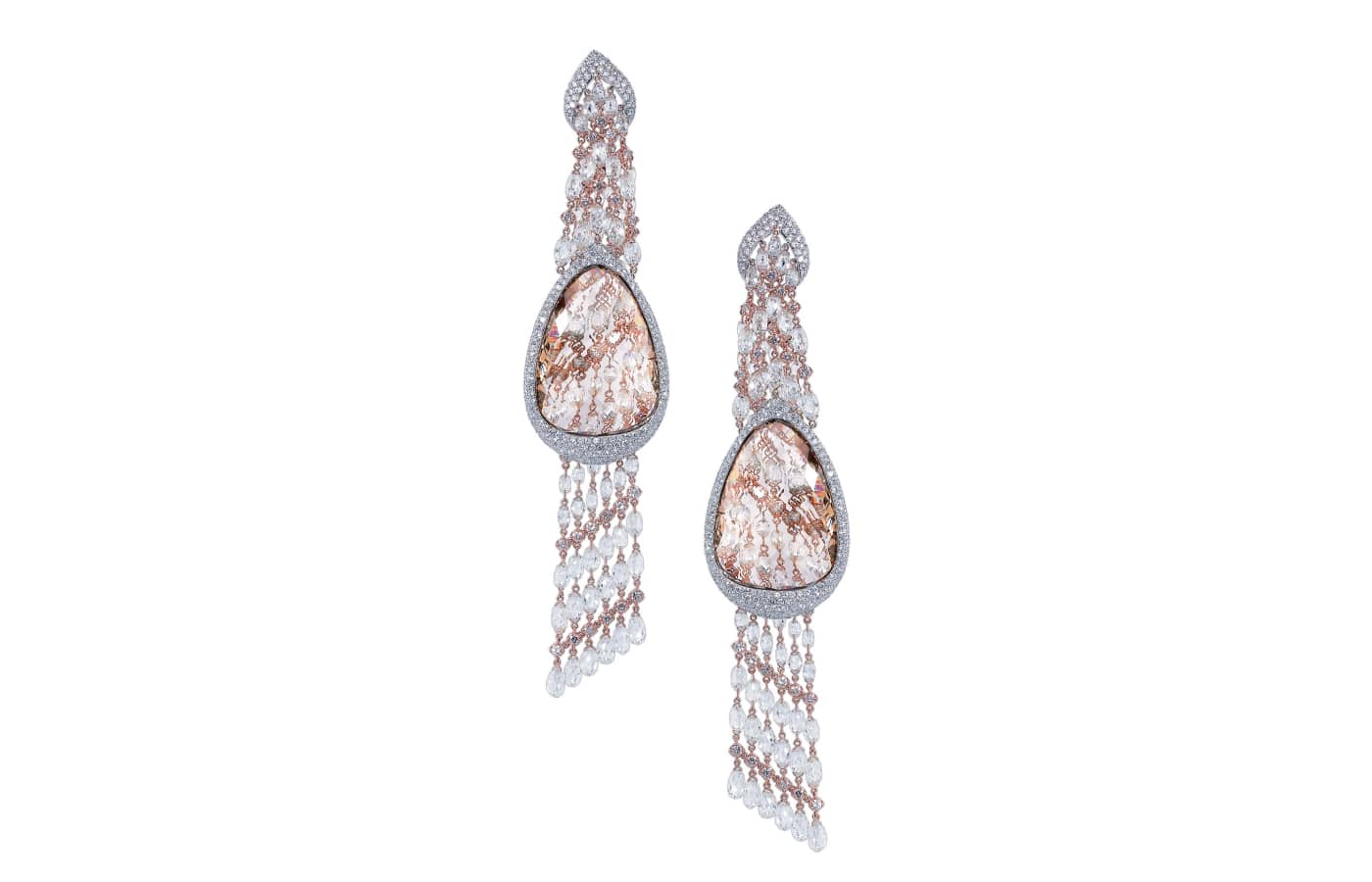 Moussaieff High jewellery earrings in white gold, featuring 42.11-cts of Natural Fancy Brown diamonds, 1.85-cts of Natural Fancy Brownish Pink diamonds, 25.43-cts of briolette diamonds and 3.63-cts of white diamonds 