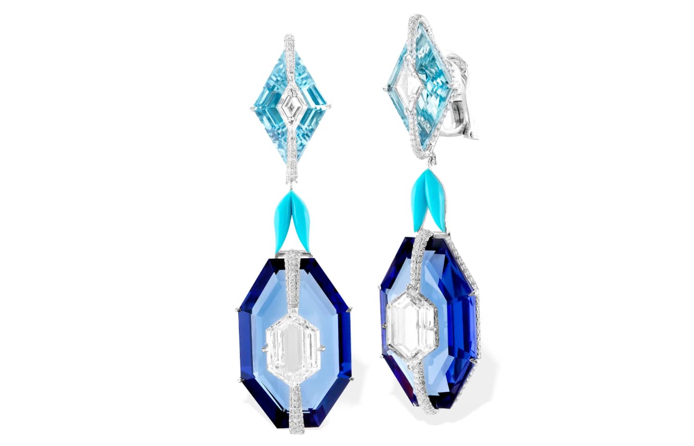 Boghossian gold, aquamarine, Paraiba tourmaline, sapphire and diamond earrings