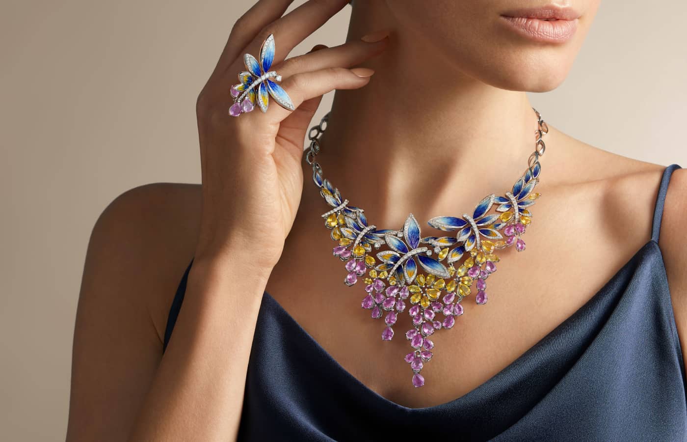  A model wears the Fantasia parure by Haute Jewels Geneva 2023 exhibitor, SICIS