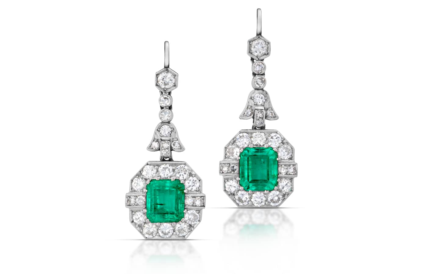  A pair of antique emerald earrings offered by Stephen Silver Fine Jewelry in California