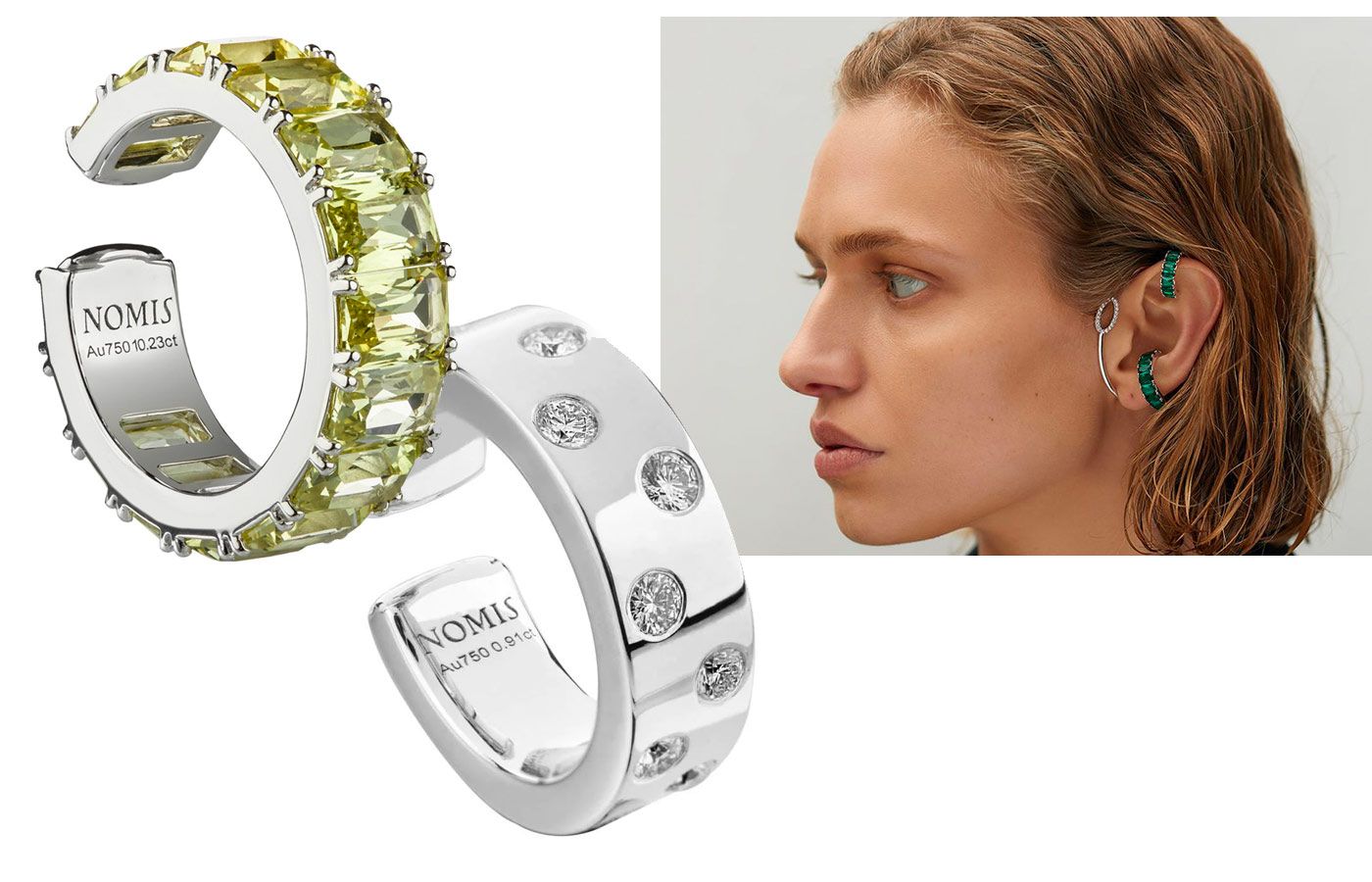 Nomis Jewellery ear cuffs with laboratory-grown diamonds, sapphires and emeralds