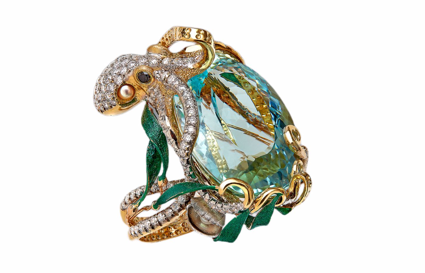 Ricardo Basta Octopus ring with aquamarine, pearl and diamonds in 18k yellow gold