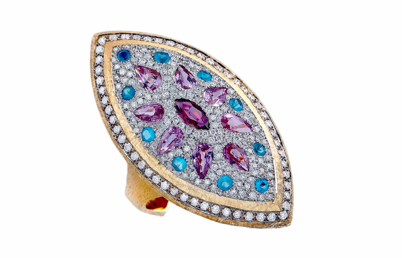  Ricardo Basta cocktail ring with coloured gemstones and diamonds in textured 18k yellow gold