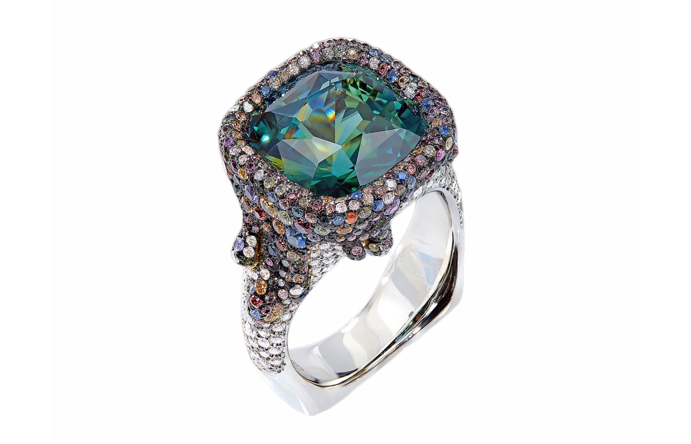  Ricardo Basta cocktail ring with a 10.42 carat sapphire, 196 diamonds and 325 multi-coloured sapphires 