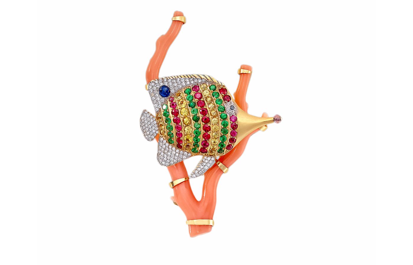  Ricardo Basta brooch with sapphires, diamonds and coral in 18k gold 