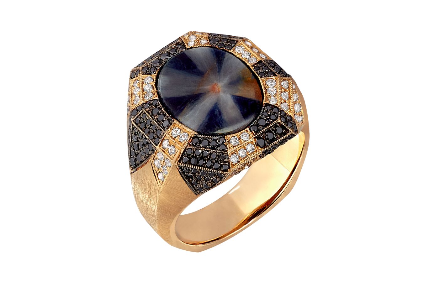  Ricardo Basta ring with a 7.50 carat starburst trapiche sapphire, black diamonds and yellow sapphires in 18k yellow gold and black rhodium 