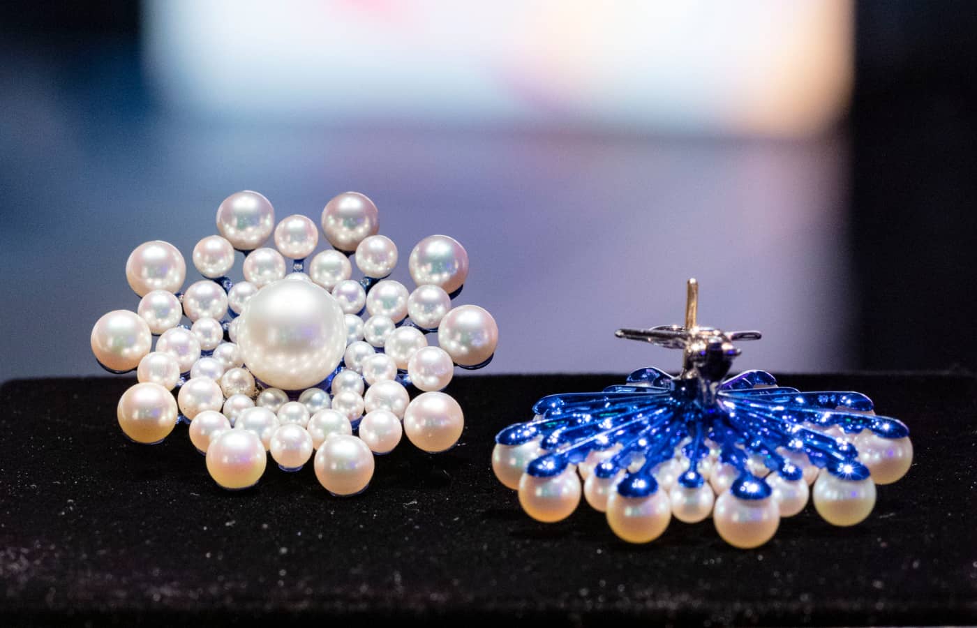  Sarah Ho's Lux Neon Blue earrings, Rainbow Daisy earrings, Bella ring, Suki Flame ring and Flame Sky earrings are displayed under the Future Vintage section of The Joy of Colour Exhibition at The Shenzhen Jewelry Museum in China