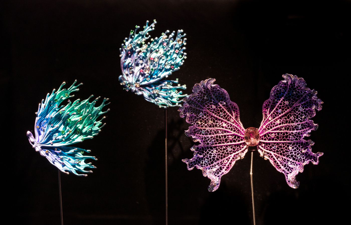 Wallis Hong brooches in titanium, platinum, coloured gemstones and diamonds on display at The Joy of Colour Exhibition in Shenzhen China