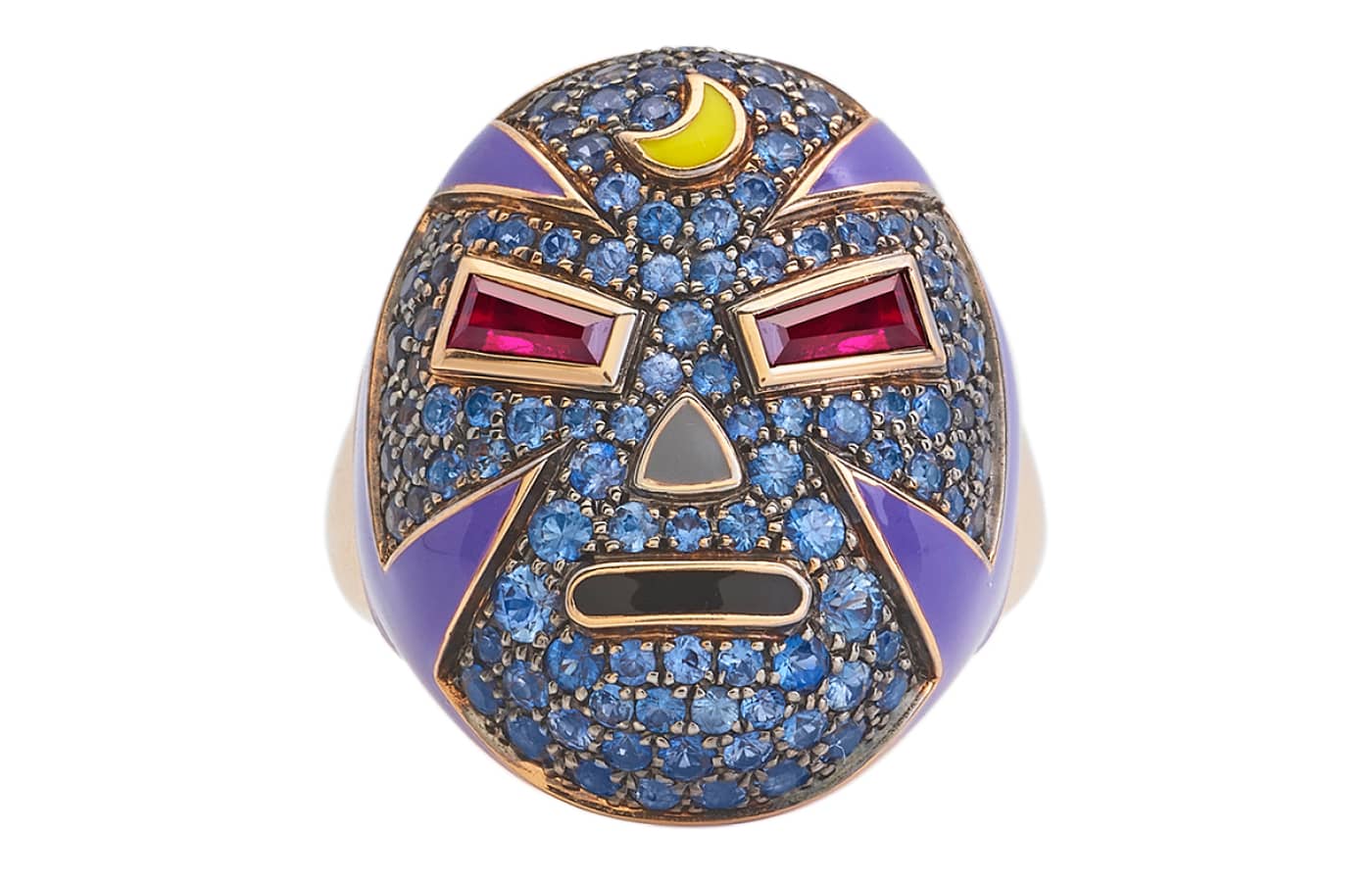 Francesca Villa Mankind Wrestler Mask ring in rose gold, enamel, sapphire and ruby