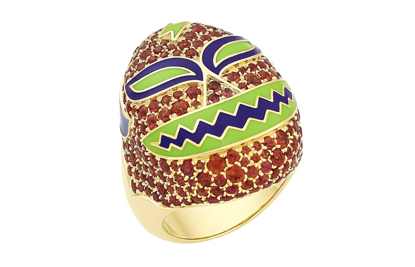  Francesca Villa Mankind Wrestler Mask ring in gold, inamel and ruby