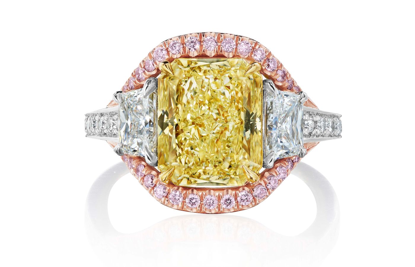 A unique white, yellow and pink diamond engagement ring design by ARAZI