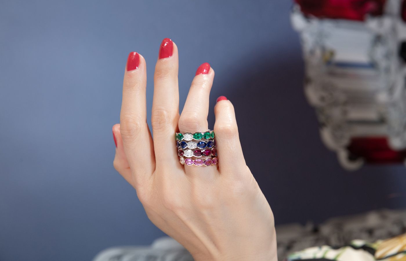 ARAZI diamond and coloured gemstone eternity rings with oval-shaped stones 