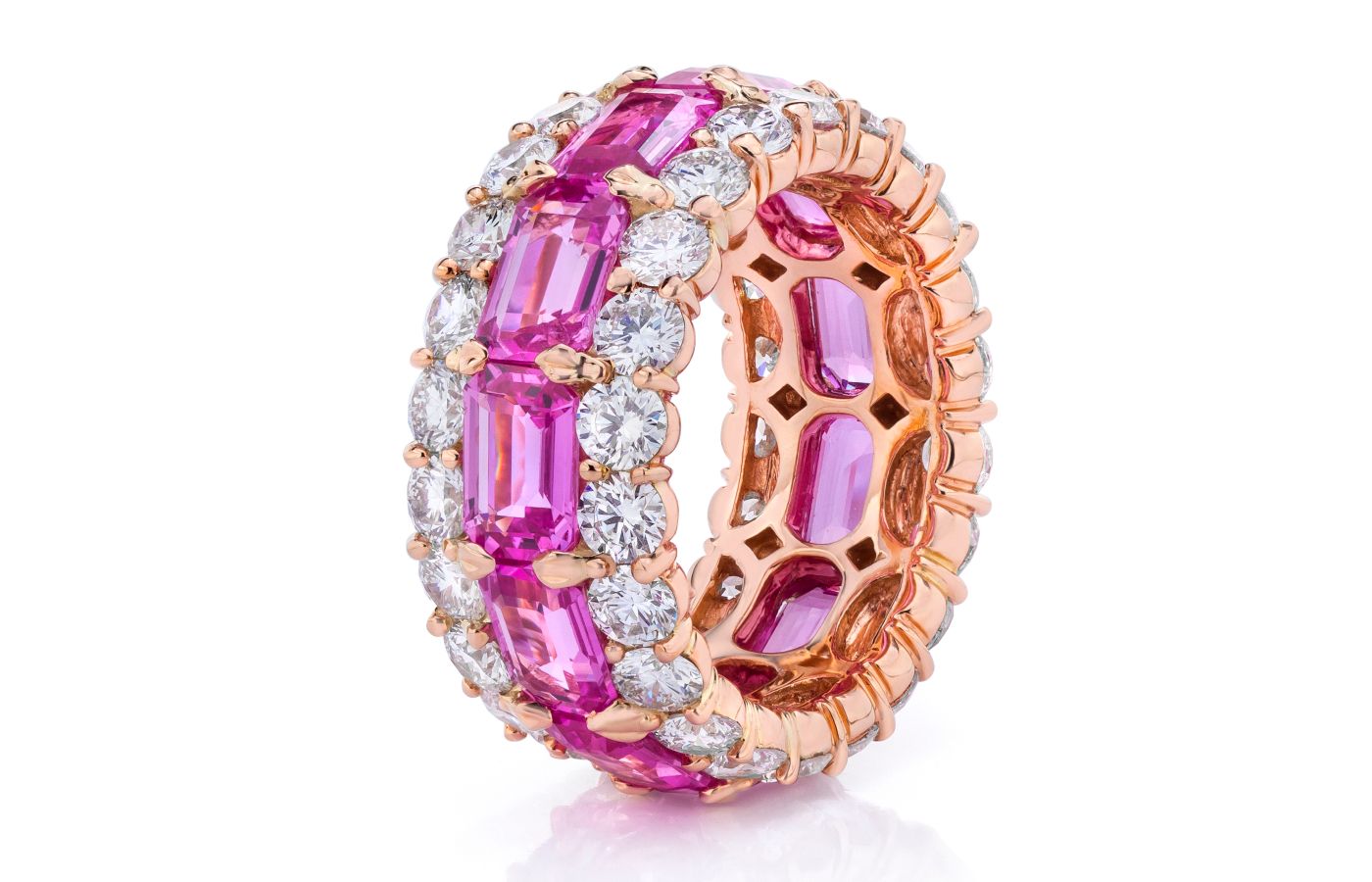 ARAZI emerald-cut pink sapphire eternity ring with diamonds in rose gold