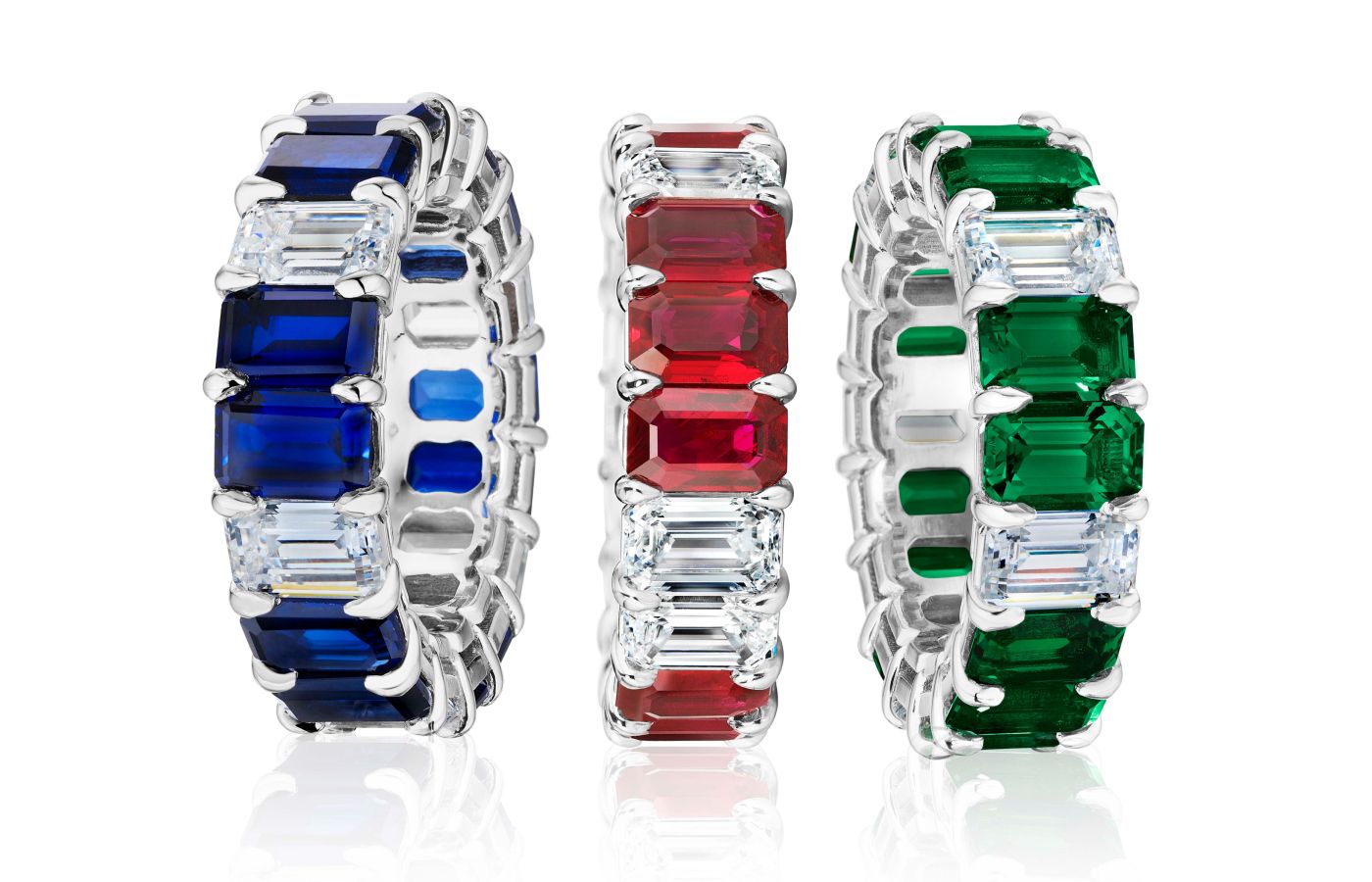  ARAZI eternity rings with emerald-cut diamonds, emeralds, sapphires and rubies 