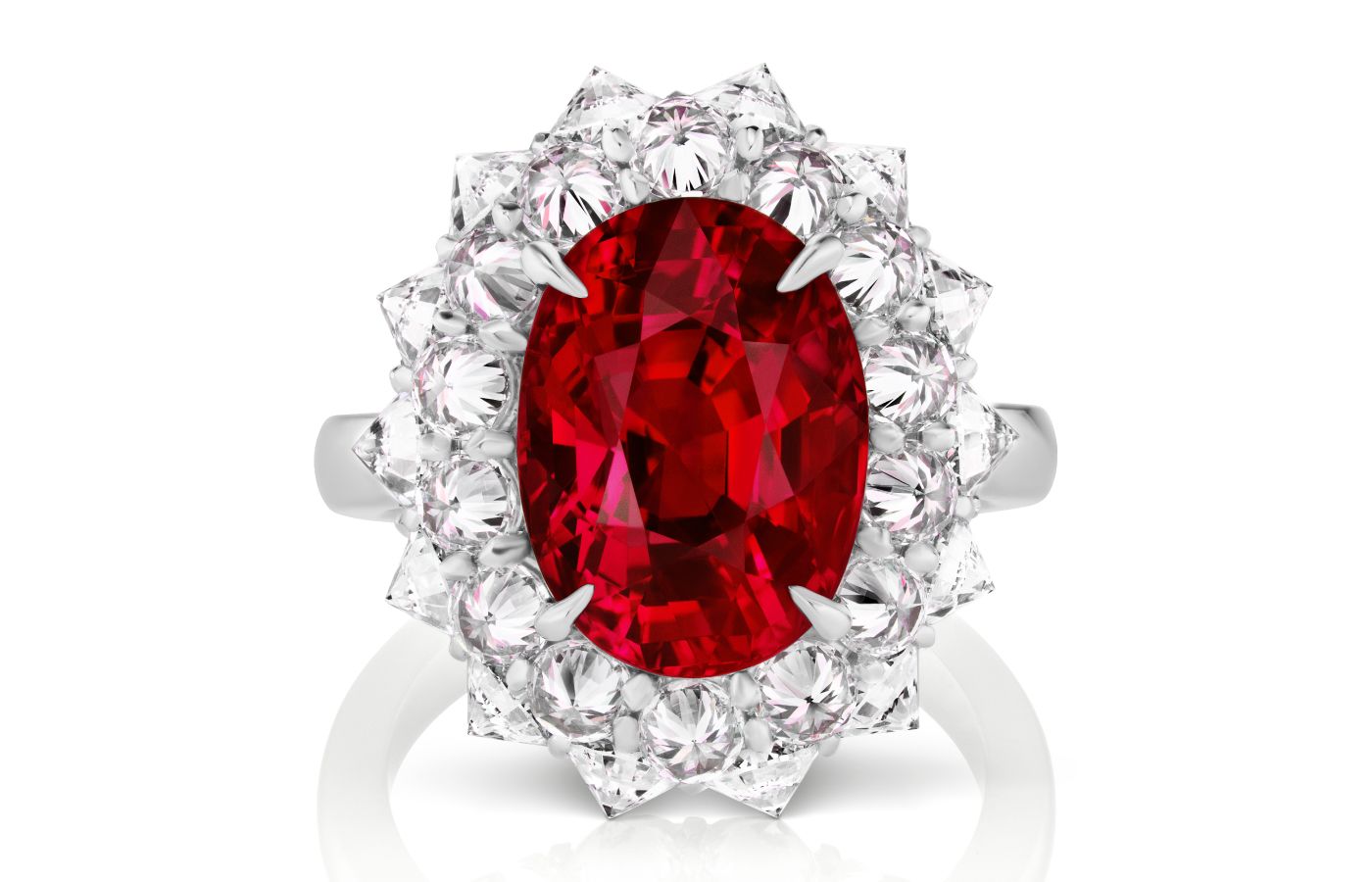  ARAZI oval-shaped ruby ring surrounded by reverse-set round brilliant-cut diamonds 