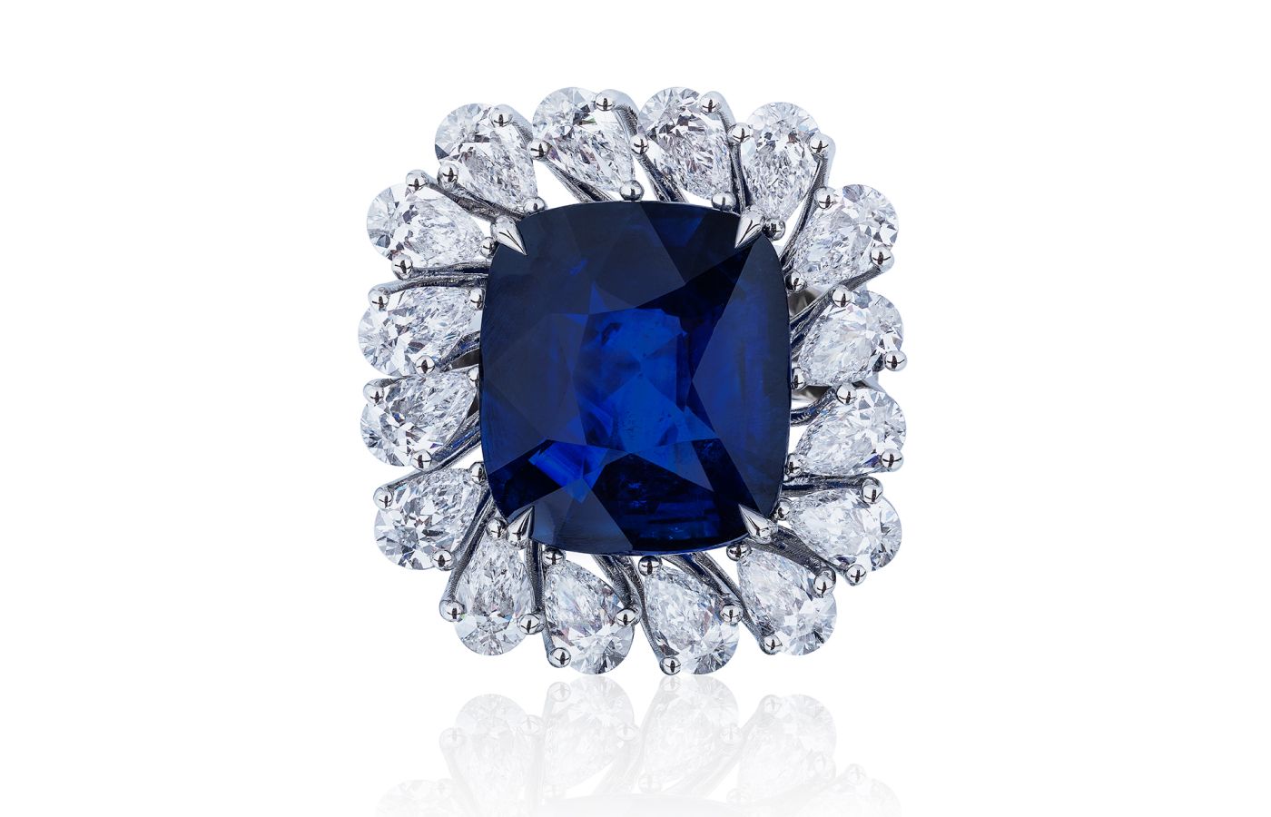  ARAZI cushion-cut sapphire cocktail ring with pear-shaped white diamonds 