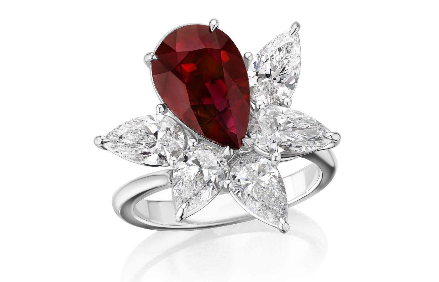 ARAZI ring with a pear-shaped ruby and five pear-shaped colourless diamonds 