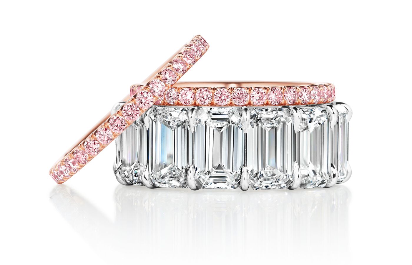 ARAZI eternity rings in shades of pink, rose gold and colourless emerald-cut diamonds 