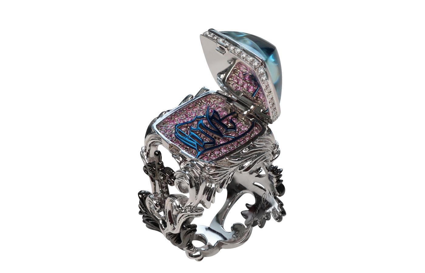 Love of Courage ring with a sugarloaf cabochon aquamarine, pink sapphires and diamonds set in 18k white and black gold from the TATTOO collection by Simone Jewels