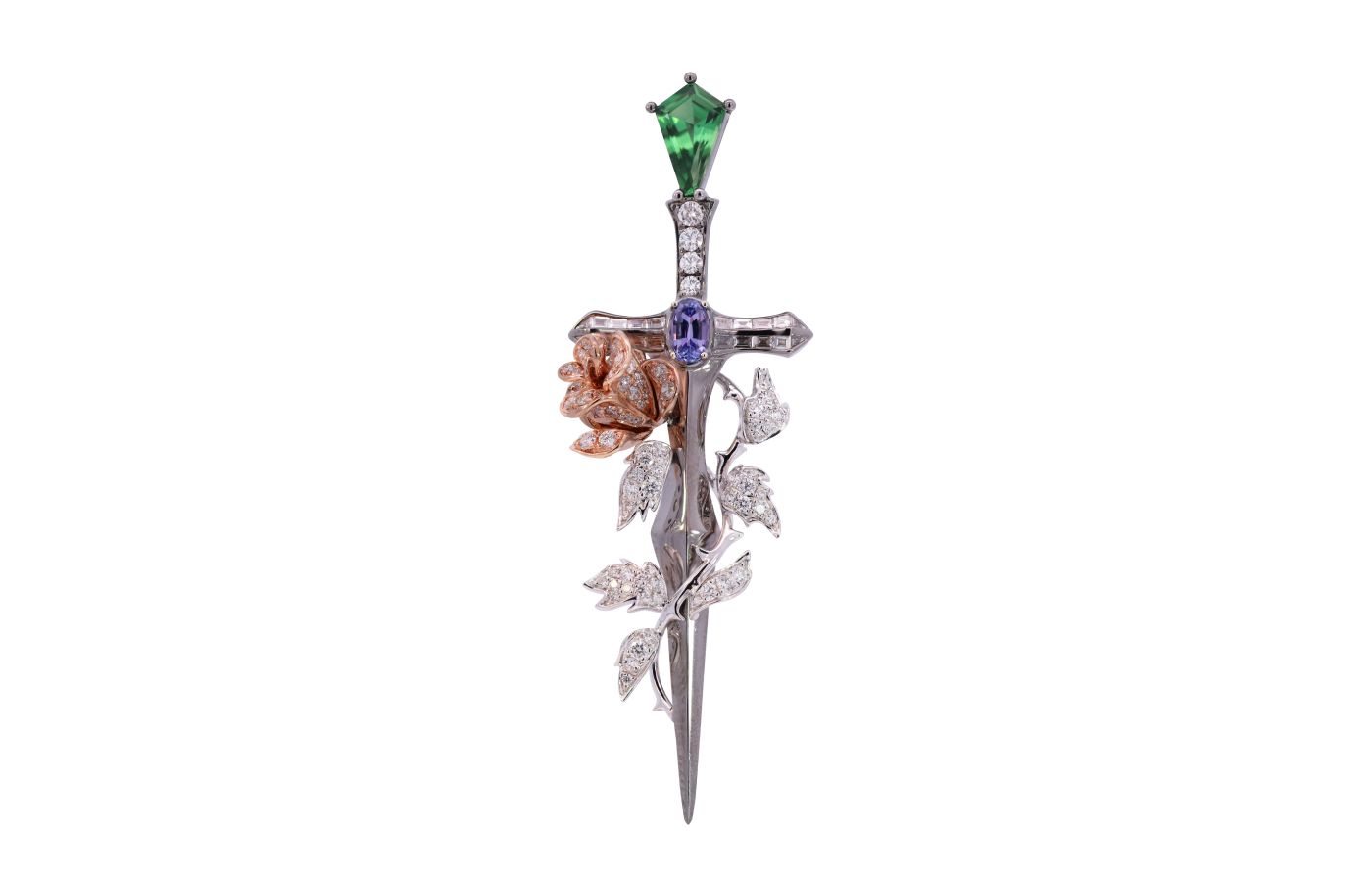  Beauty of Courage brooch with an unheated shield-shaped chrome tourmaline, an oval-shaped tanzanite, and diamonds set in 18k white, rose and black gold from the TATTOO collection by Simone Jewels 