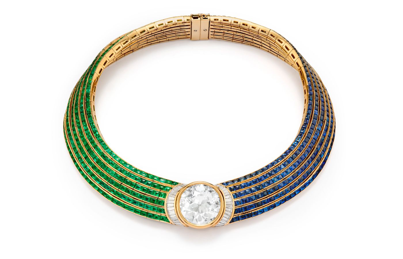   Bulgari sapphire and emerald choker necklace with a round brilliant-cut diamond centre (Lot 76) – Included in the Christie’s The World of Heidi Horten: Magnificent Jewels Part I auction