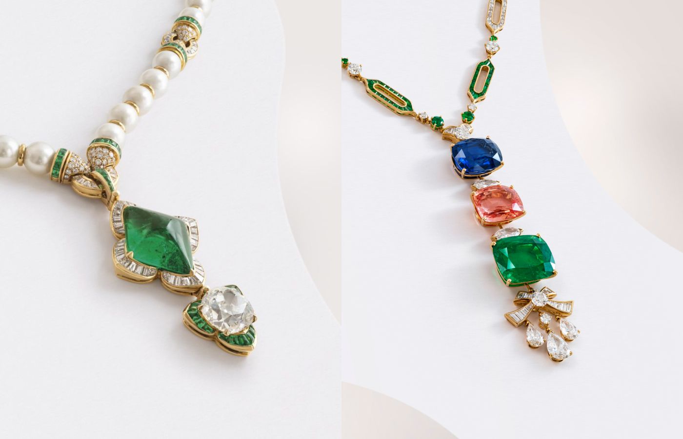  Bulgari necklace (left) with a lozenge-shaped cabochon emerald of 21.53 carats, cushion-shaped old-cut diamond of 9.06 carats, rectangular-shaped buff-top emeralds, baguette-cut and round diamonds in 18k gold (Lot 81) and a Bulgari necklace with a cushion-shaped modified brilliant-cut sapphire of 37.84 carats, Padparadscha sapphire of 33.59 carats and emerald of 33.20 carats, round and square-shaped emeralds, pear brilliant-cut diamonds of 2.85, 1.55 and 1.51 carats, marquise brilliant-cut diamond of 1.53 carats, marquise-shaped, baguette-cut and round diamonds in 18k yellow gold (Lot 79) – Included in the Christie’s The World of Heidi Horten: Magnificent Jewels Part I auction